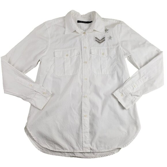 LAUREN RALPH LAUREN Military Style Shirt Womens Medium White Button Up Patches - Picture 1 of 10